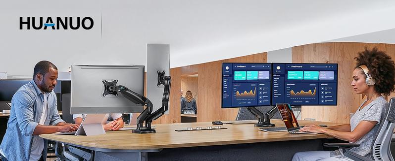 Product Introduction of HUANUO Dual Monitor Arm Adjustable Gas Spring Monitor mount for Gaming and Home Office Setups. Monitor Arm hold up to 30" with 19.8 lbs Max Weight and C-Clamp or Grommet Hole Mounting 0