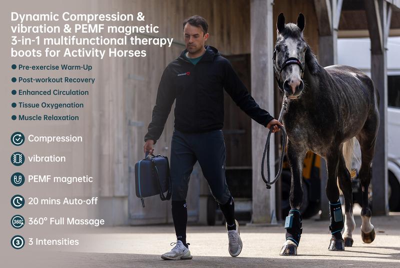 Product Introduction of Horselink Dynamic Compression therapy Horse Boots, Compression therapy boots, Dynamic Compression & vibration & PEMF magnetic 3-in-1 multifunctional therapy boots for Activity Horses, ice boots for horse Equestrian Supplies Protective Gear 2
