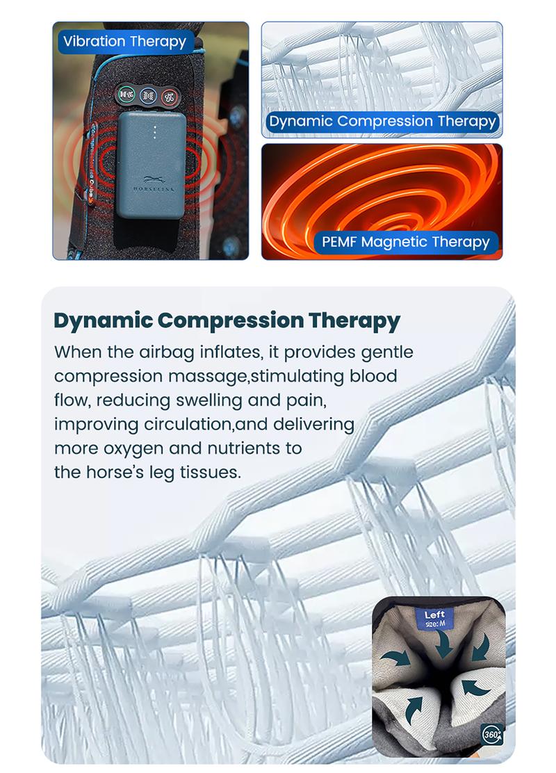 Product Introduction of Horselink Dynamic Compression therapy Horse Boots, Compression therapy boots, Dynamic Compression & vibration & PEMF magnetic 3-in-1 multifunctional therapy boots for Activity Horses, ice boots for horse Equestrian Supplies Protective Gear 4