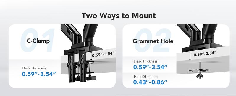 Product Introduction of HUANUO Dual Monitor Arm Adjustable Gas Spring Monitor mount for Gaming and Home Office Setups. Monitor Arm hold up to 30" with 19.8 lbs Max Weight and C-Clamp or Grommet Hole Mounting 5