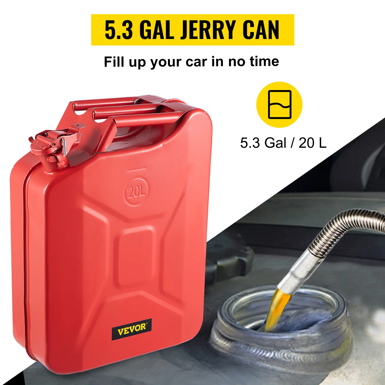 VEVOR jerry fuel can 5.3 gal. red. with text "fill up your car in no time". filling fuel into tank.