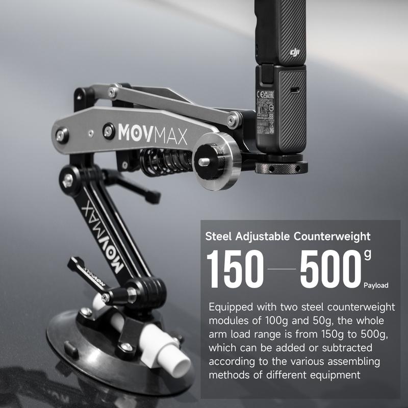 Product Introduction of MOVMAX Blade Arm Car accessories Camera Phone Suction Mount Camera Shock Mount for phone camerasfor DJI Pocket 3. Insta 360. and GoPro 4