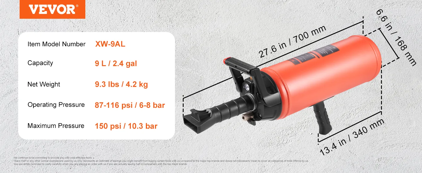 VEVOR tire bead seater xw-9al. 9l capacity. 9.3 lbs. operating pressure 87-116 psi. max 150 psi.
