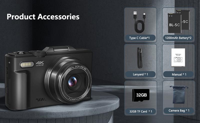 Product Introduction of 4K Digital Camera for Photography with 64MP, 3 Inch 180° Flip Screen, 18X Digital Zoom, 32GB Micro SD Card, 2 Batteries, Ideal for Beginners 16