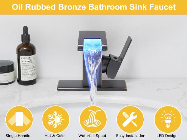 Product Introduction of BESy LED Stainless Steel Waterfall Black Bathroom Faucet. Single Hole Bathroom Sink Faucet. 3 Colors Light Changing Single Handle Vanity Faucets with Supply Lines. Rv One Hole Faucet 16