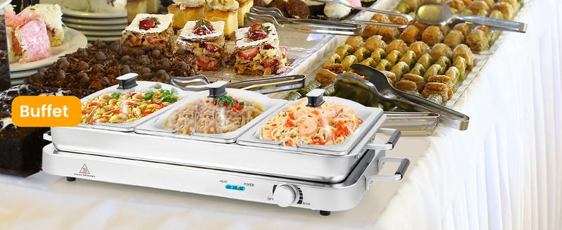 Product Introduction of COSTWAY Buffet Servers and Warmers, 2 in 1 Electric Warming Tray, 450W Stainless Steel Chafing Dish with Temperature Control, 3 Serving Trays, 8 Qt Food Warmers Station for Parties Banquets Events-Deals for You Days 8