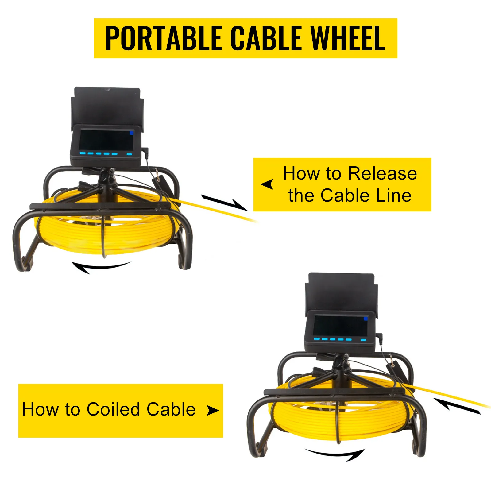 portable cable wheel instructions for VEVOR sewer camera; showing release and coil steps.