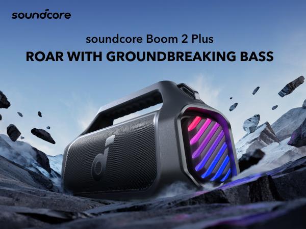 Product Introduction of soundcore Boom 2 Plus/Pro by Anker. Outdoor Speaker. 140W. 2+2 Channel. BassUp 2.0. 20H Playtime. Fast Charge. IPX7 Waterproof. RGB Lights. Power Bank. Bluetooth 5.3. Portable for Outdoors. Camping. Beach 2