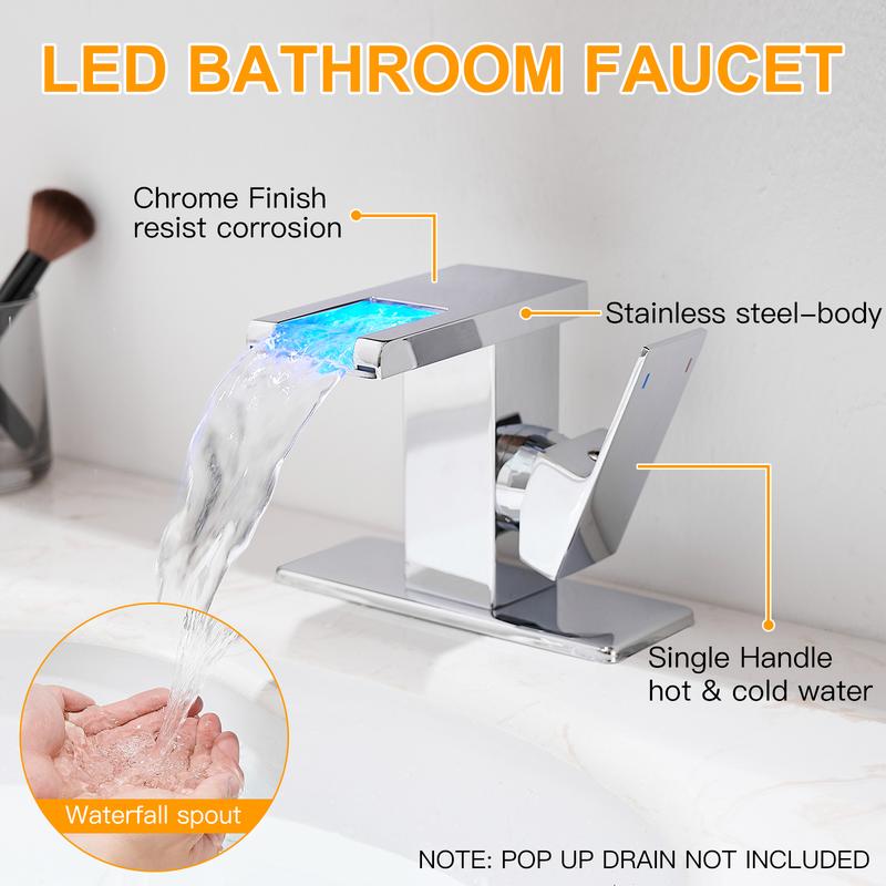 Product Introduction of BESy LED Stainless Steel Waterfall Black Bathroom Faucet. Single Hole Bathroom Sink Faucet. 3 Colors Light Changing Single Handle Vanity Faucets with Supply Lines. Rv One Hole Faucet 8