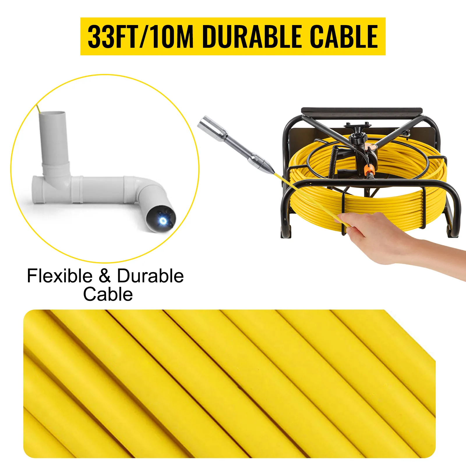 VEVOR sewer camera with 33ft/10m durable yellow cable. flexible and robust.