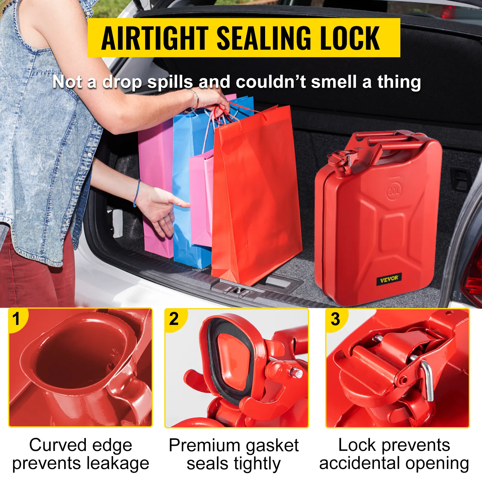VEVOR jerry fuel can in car trunk with airtight sealing lock. preventing leakage and accidental opening