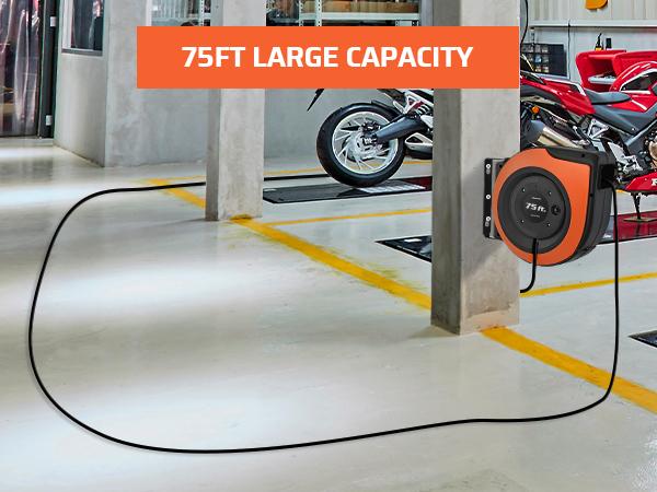 Product Introduction of DEWENWILS Retractable Extension Cord Reel, 75 FT Heavy Duty Power Cord, 14/3C SJTOW, Lighted Triple Tap Outlets, 10A Circuit Breaker, Wall/Ceiling Mounted for Garage, Workshop, UL Listed, Cable Wall-HCRA75A 1