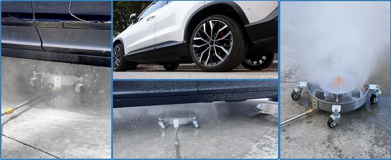 Product Introduction of Undercarriage Pressure Washer Attachment. Undercarriage Cleaner with 4 Wheels. 14 Inch . 3 Power Washer Extension Wands. 4000 PSI carwasher 2