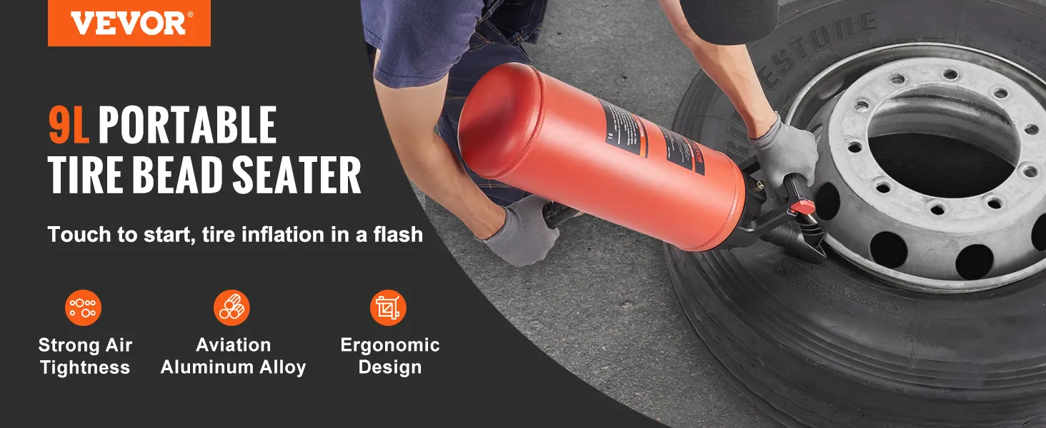 VEVOR 9l portable tire bead seater in use. highlighting strong air-tightness and ergonomic design benefits.