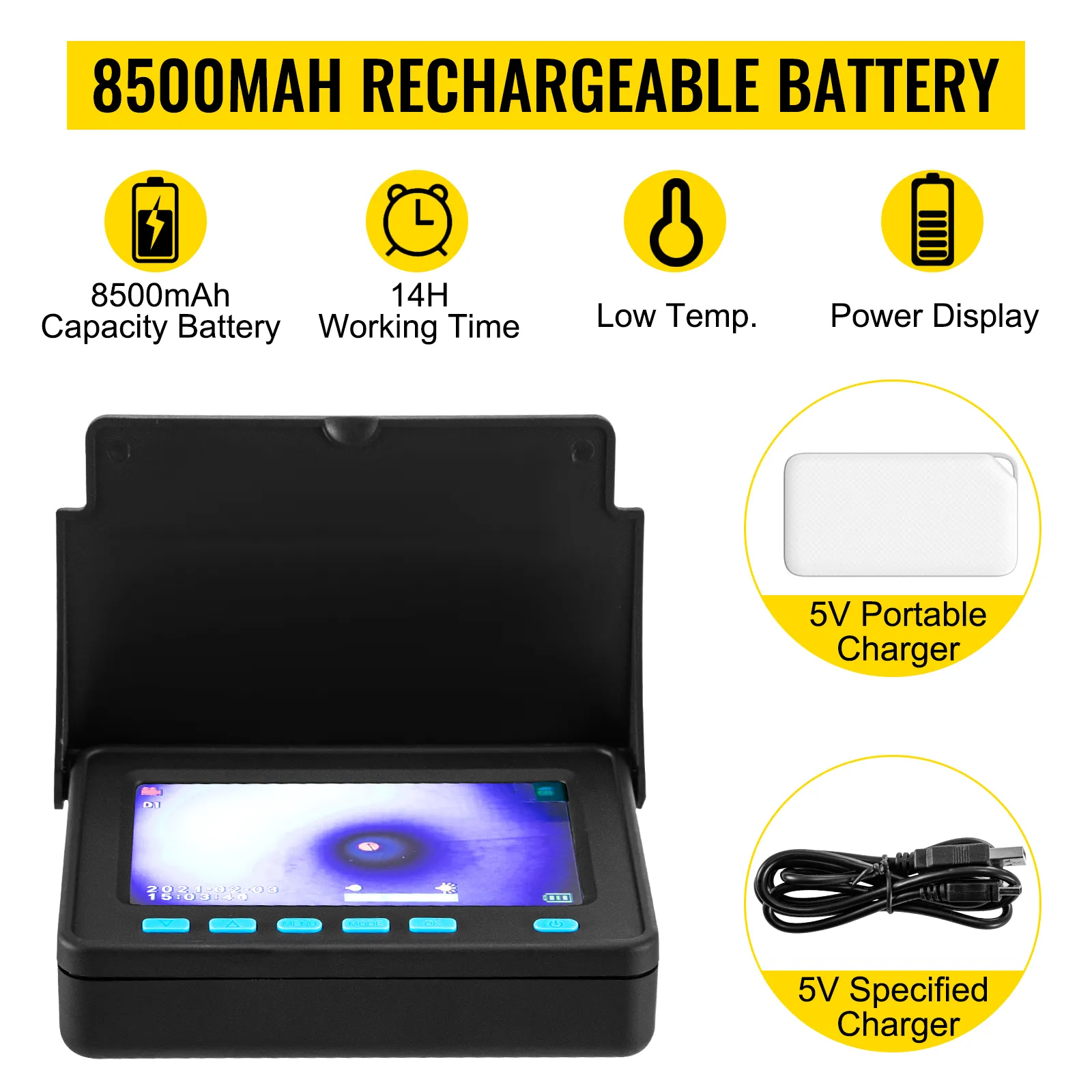 VEVOR sewer camera with 8500mah rechargeable battery. 14h working time. and 5v charger.