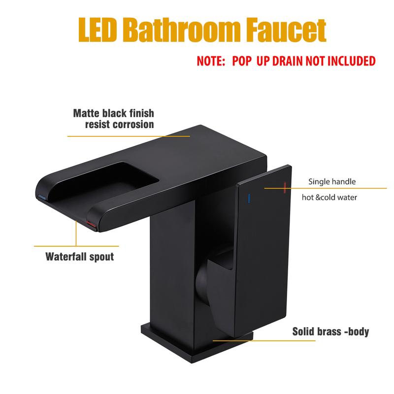Product Introduction of BESy LED Stainless Steel Waterfall Black Bathroom Faucet. Single Hole Bathroom Sink Faucet. 3 Colors Light Changing Single Handle Vanity Faucets with Supply Lines. Rv One Hole Faucet 3