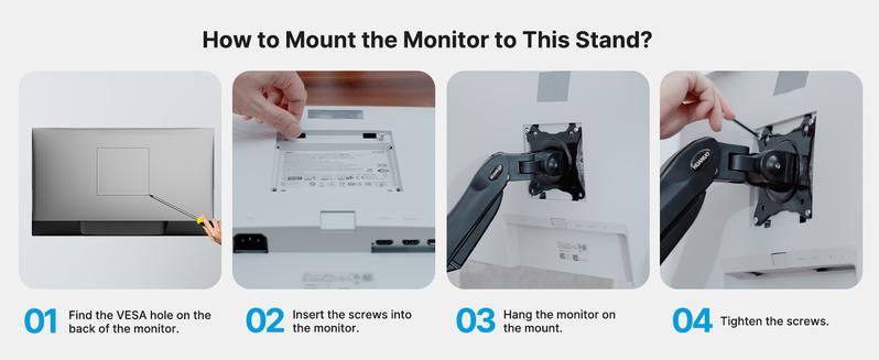 Product Introduction of HUANUO Dual Monitor Arm Adjustable Gas Spring Monitor mount for Gaming and Home Office Setups. Monitor Arm hold up to 30" with 19.8 lbs Max Weight and C-Clamp or Grommet Hole Mounting 3