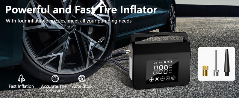 Product Introduction of ćHiehaćPortable Car Jump Starter with Air Compressor,4000A Car Battery Jump Starter (ALL Gas/7.0L Diesel) with 150PSI Tire Inflator, 12V Car Battery Jump Power,15000mAh Power Bank With LED Light 6