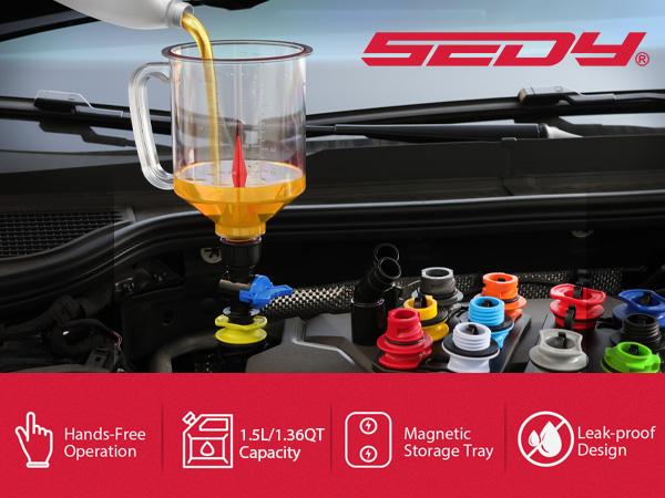 Product Introduction of 18-Piece Engine Oil Funnel Set. 1.36 qt Automotive Oil Funnel Kit with 12 Adapters. Elbow Fitting. Arrow Screen and Magnetic Storage Hooks Tray. Compatible with GM. Ford. BMW. Audi. Land Rover Etc 2