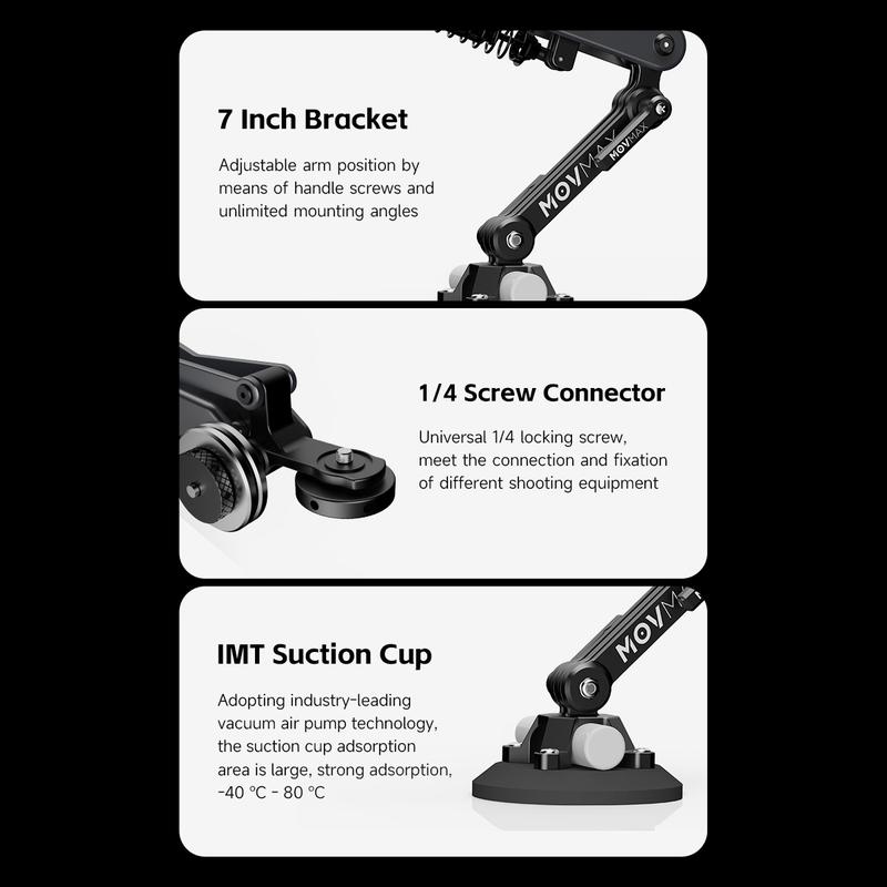 Product Introduction of MOVMAX Blade Arm Car accessories Camera Phone Suction Mount Camera Shock Mount for phone camerasfor DJI Pocket 3. Insta 360. and GoPro 6
