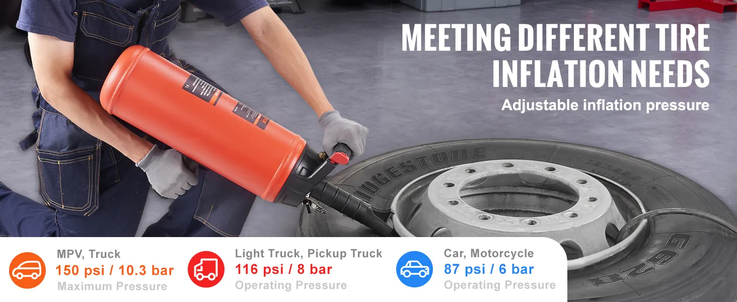 mechanic using VEVOR tire bead seater for tire inflation. suitable for trucks. cars. and motorcycles.