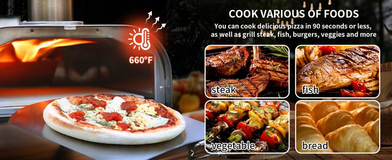 Product Introduction of BIG HORN 12''/16'' Wood Pellet Pizza Ovens. 660°F Bake Neapolitan Pizza in 90s. Portable Outdoor Pizza Grill Stove. Stainless Steel. for Outdoor Backyard Camping 11
