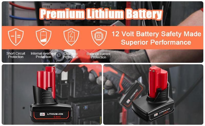 Product Introduction of 4 PCS 6.5Ah 12V Battery Compatible for Milwaukee M12 Battery 48-11-2401 48-11-2412 48-11-2411 48-11-2420 48-11-2410 12Volt Cordless Tools for Milwaukee M12 Lithium Battery 1