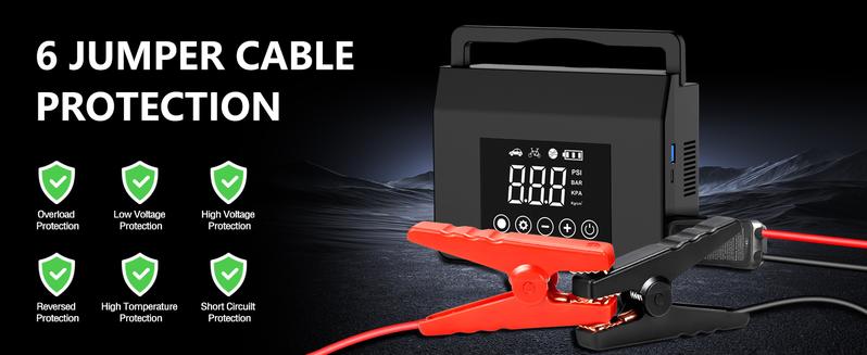 Product Introduction of ćHiehaćPortable Car Jump Starter with Air Compressor,4000A Car Battery Jump Starter (ALL Gas/7.0L Diesel) with 150PSI Tire Inflator, 12V Car Battery Jump Power,15000mAh Power Bank With LED Light 0