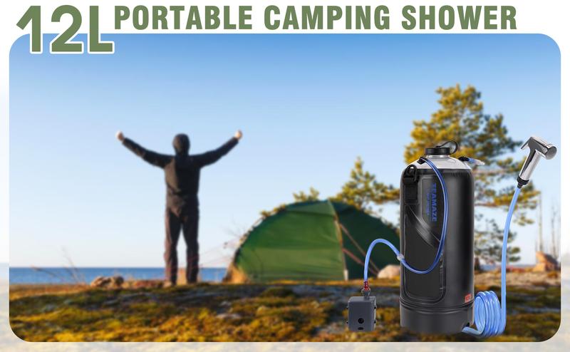Product Introduction of Camping Shower.12L Portable Camp Shower Bag with Upgraded Screw Lid. Auto Pressure Pump. Solar Shower. Camping Shower Head for Beach Camping. Hiking. Traveling. Washing Outdoor Leakproof Durable Handle Strap Compact 1