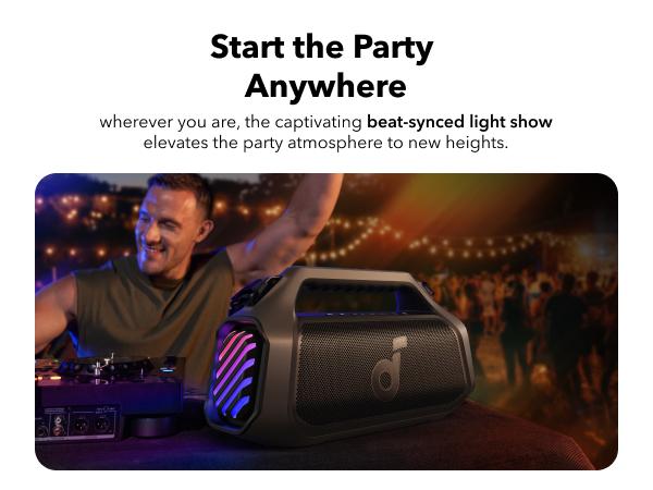 Product Introduction of soundcore Boom 2 Plus/Pro by Anker. Outdoor Speaker. 140W. 2+2 Channel. BassUp 2.0. 20H Playtime. Fast Charge. IPX7 Waterproof. RGB Lights. Power Bank. Bluetooth 5.3. Portable for Outdoors. Camping. Beach 9
