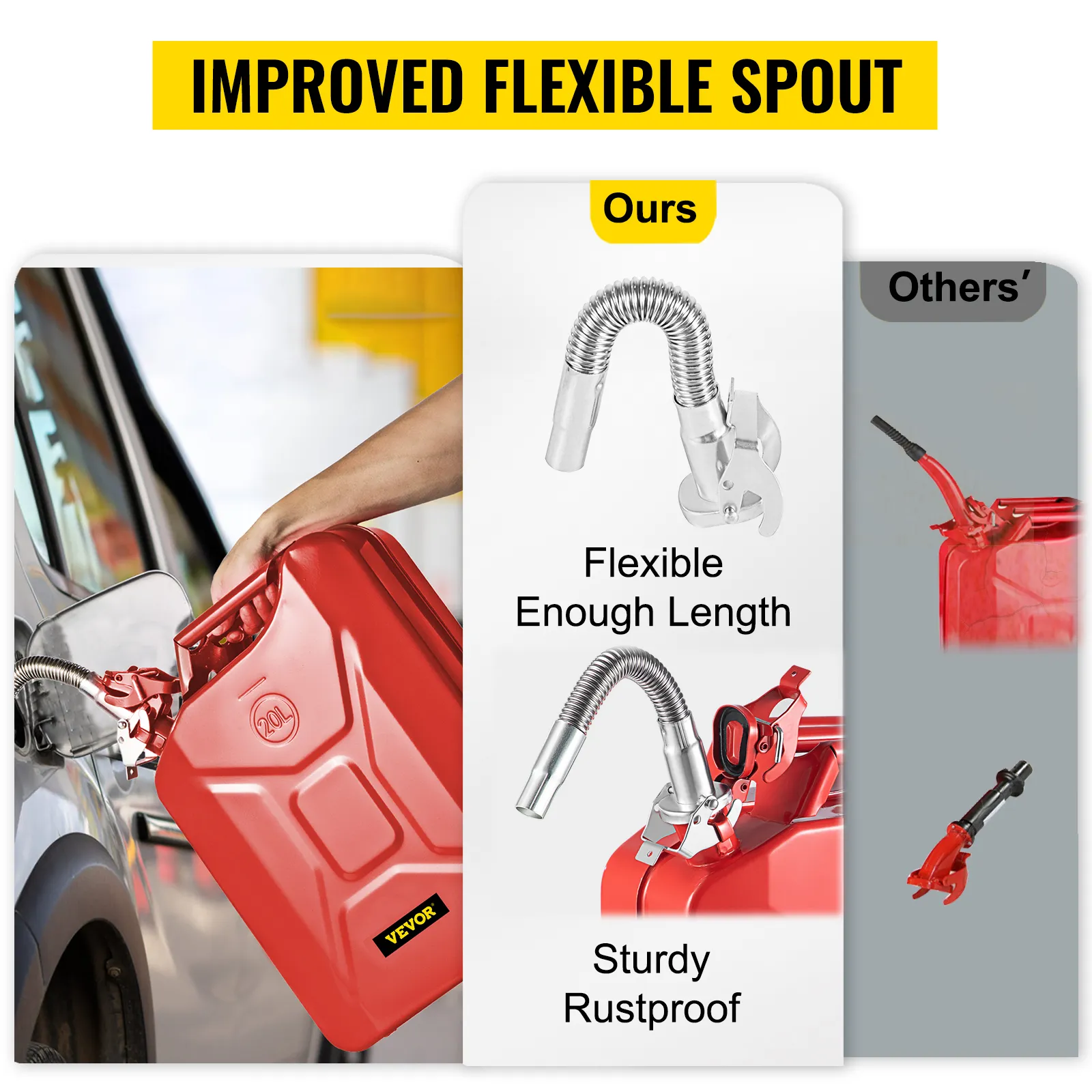 VEVOR jerry fuel can with improved flexible spout. showcasing flexible length and rustproof design.