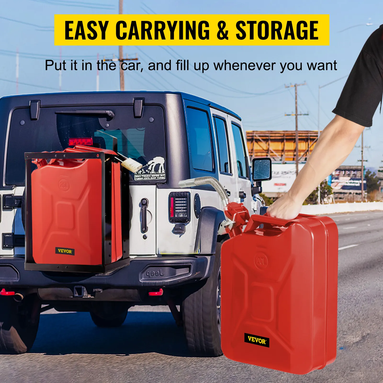 VEVOR jerry fuel can attached to jeep with person holding another can on the road. promoting easy carrying.