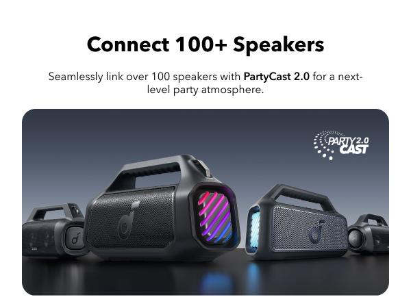 Product Introduction of soundcore Boom 2 Plus/Pro by Anker. Outdoor Speaker. 140W. 2+2 Channel. BassUp 2.0. 20H Playtime. Fast Charge. IPX7 Waterproof. RGB Lights. Power Bank. Bluetooth 5.3. Portable for Outdoors. Camping. Beach 11