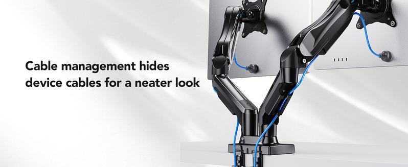 Product Introduction of HUANUO Dual Monitor Arm Adjustable Gas Spring Monitor mount for Gaming and Home Office Setups. Monitor Arm hold up to 30" with 19.8 lbs Max Weight and C-Clamp or Grommet Hole Mounting 7