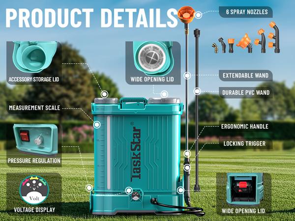 Product Introduction of 【TaskStar】 Electric 4 Gallon Backpack Sprayer, 100PSI Lawn Sprayer w/ Total 4000mAh Battery, Adjustable Pressure with 2 Wands, 6 Nozzles, Sprayer for Garden, Lawn, Yard, Green House, FathersDayGift 23
