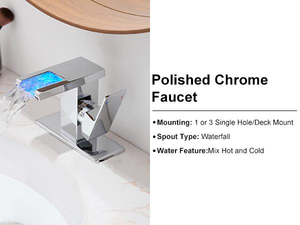 Product Introduction of BESy LED Stainless Steel Waterfall Black Bathroom Faucet. Single Hole Bathroom Sink Faucet. 3 Colors Light Changing Single Handle Vanity Faucets with Supply Lines. Rv One Hole Faucet 5