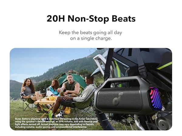 Product Introduction of soundcore Boom 2 Plus/Pro by Anker. Outdoor Speaker. 140W. 2+2 Channel. BassUp 2.0. 20H Playtime. Fast Charge. IPX7 Waterproof. RGB Lights. Power Bank. Bluetooth 5.3. Portable for Outdoors. Camping. Beach 14