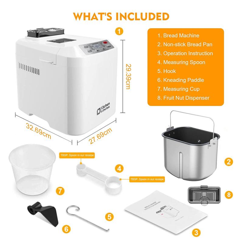 Product Introduction of Automatic Bread Maker, Up to 2LB, 12-in-1 Bread Machine with Auto Fruit Nut Dispenser, 13 H Timer, 1 H Keep Warm, Gluten-Free, 3 Crust Colors, White 10