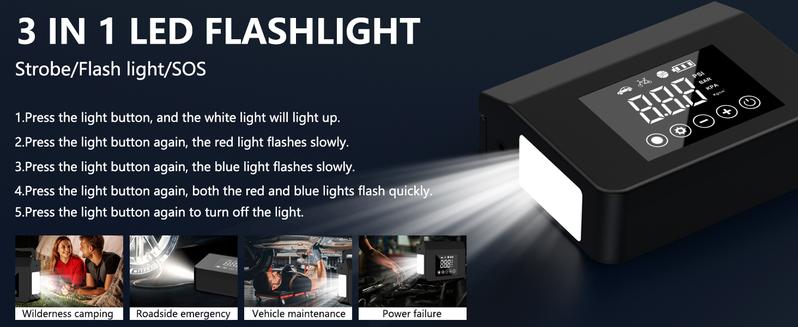 Product Introduction of ćHiehaćPortable Car Jump Starter with Air Compressor,4000A Car Battery Jump Starter (ALL Gas/7.0L Diesel) with 150PSI Tire Inflator, 12V Car Battery Jump Power,15000mAh Power Bank With LED Light 7