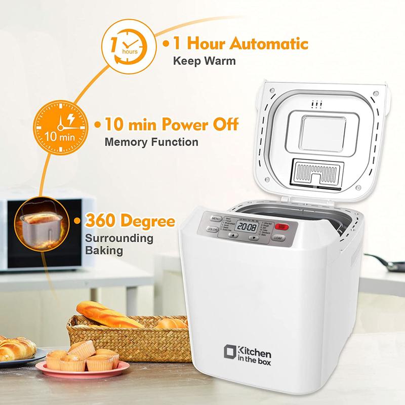 Product Introduction of Automatic Bread Maker, Up to 2LB, 12-in-1 Bread Machine with Auto Fruit Nut Dispenser, 13 H Timer, 1 H Keep Warm, Gluten-Free, 3 Crust Colors, White 6