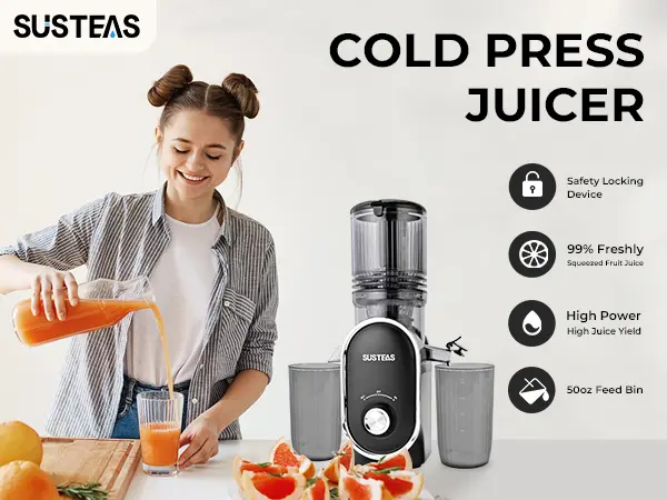 Product Introduction of SUSTEAS Cold Press Juicer, 5.3 Inch Large Feed Opening, Slow Masticator Chute, For Whole Vegetables and Fruits, High Yield, Easy to Clean Springtok Steel 0