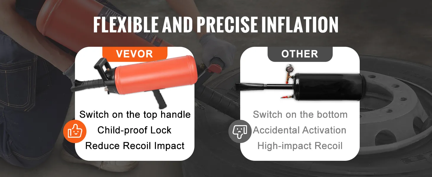VEVOR tire bead seater with top handle switch. child-proof lock. and reduced recoil impact.