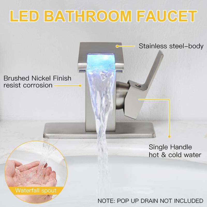 Product Introduction of BESy LED Stainless Steel Waterfall Black Bathroom Faucet. Single Hole Bathroom Sink Faucet. 3 Colors Light Changing Single Handle Vanity Faucets with Supply Lines. Rv One Hole Faucet 23