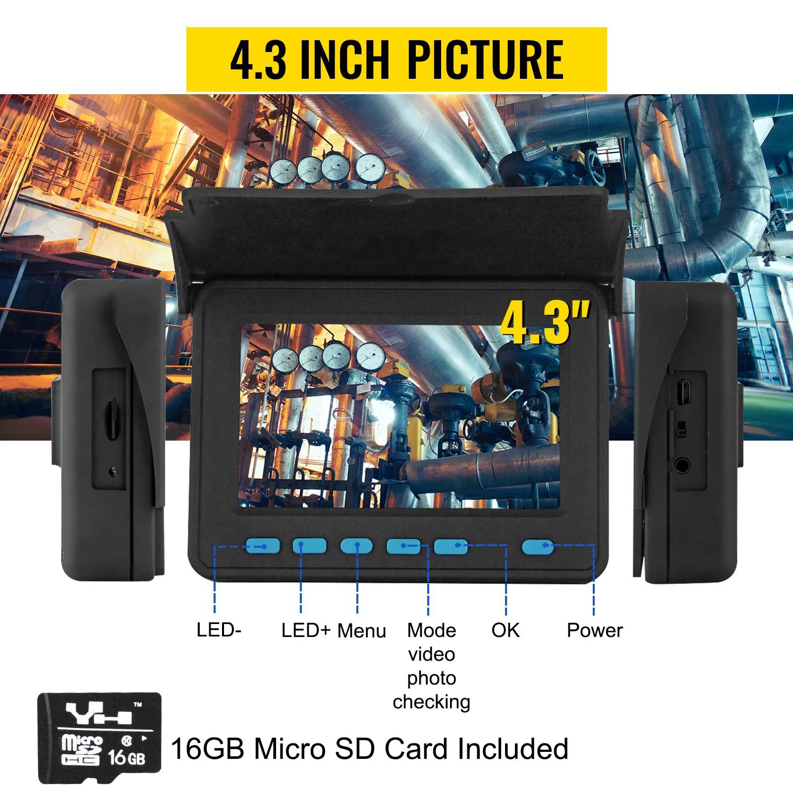 VEVOR sewer camera with 4.3-inch hd display and 16gb micro sd card included.