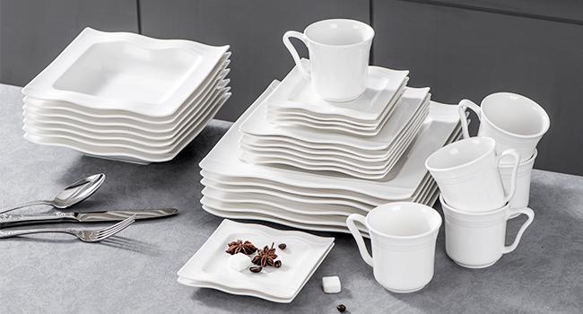 Product Introduction of MALACASA Ivory White Dinnerware Sets. 28/30 Piece Square Plates and Bowls Sets for 6. Porcelain Dish Set with Dinner Plate. Dessert Plate. Soup Plate. Cup and Saucer. Ceramic Dishware Set. Series Mario 16