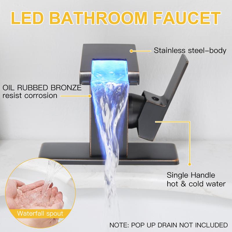 Product Introduction of BESy LED Stainless Steel Waterfall Black Bathroom Faucet. Single Hole Bathroom Sink Faucet. 3 Colors Light Changing Single Handle Vanity Faucets with Supply Lines. Rv One Hole Faucet 18