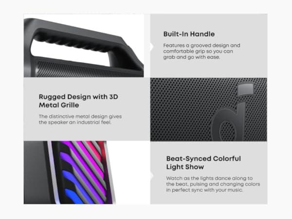 Product Introduction of soundcore Boom 2 Plus/Pro by Anker. Outdoor Speaker. 140W. 2+2 Channel. BassUp 2.0. 20H Playtime. Fast Charge. IPX7 Waterproof. RGB Lights. Power Bank. Bluetooth 5.3. Portable for Outdoors. Camping. Beach 18