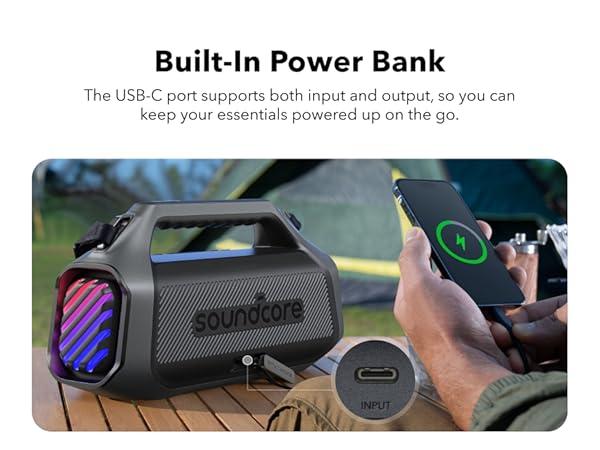 Product Introduction of soundcore Boom 2 Plus/Pro by Anker. Outdoor Speaker. 140W. 2+2 Channel. BassUp 2.0. 20H Playtime. Fast Charge. IPX7 Waterproof. RGB Lights. Power Bank. Bluetooth 5.3. Portable for Outdoors. Camping. Beach 15