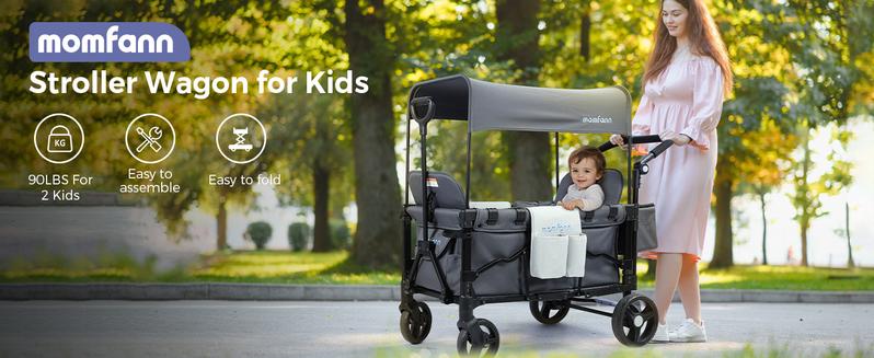 Product Introduction of Momfann Baby Stroller Wagon. All-Terrain 2 Seaters Baby Wagon with Canopy. Parent Organizer. Adjustable Handle & Pull Bar for Infants and Toddlers 0