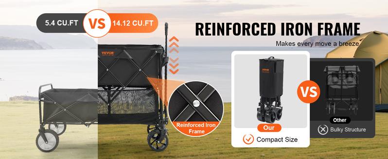 Product Introduction of VEVOR Foldable Double Decker Wagon. Collapsible Wagon Cart with All-Terrain Wheels. Heavy Duty Folding Wagon Cart for Camping. Shopping. Garden. 52" Extra Long Extender 3